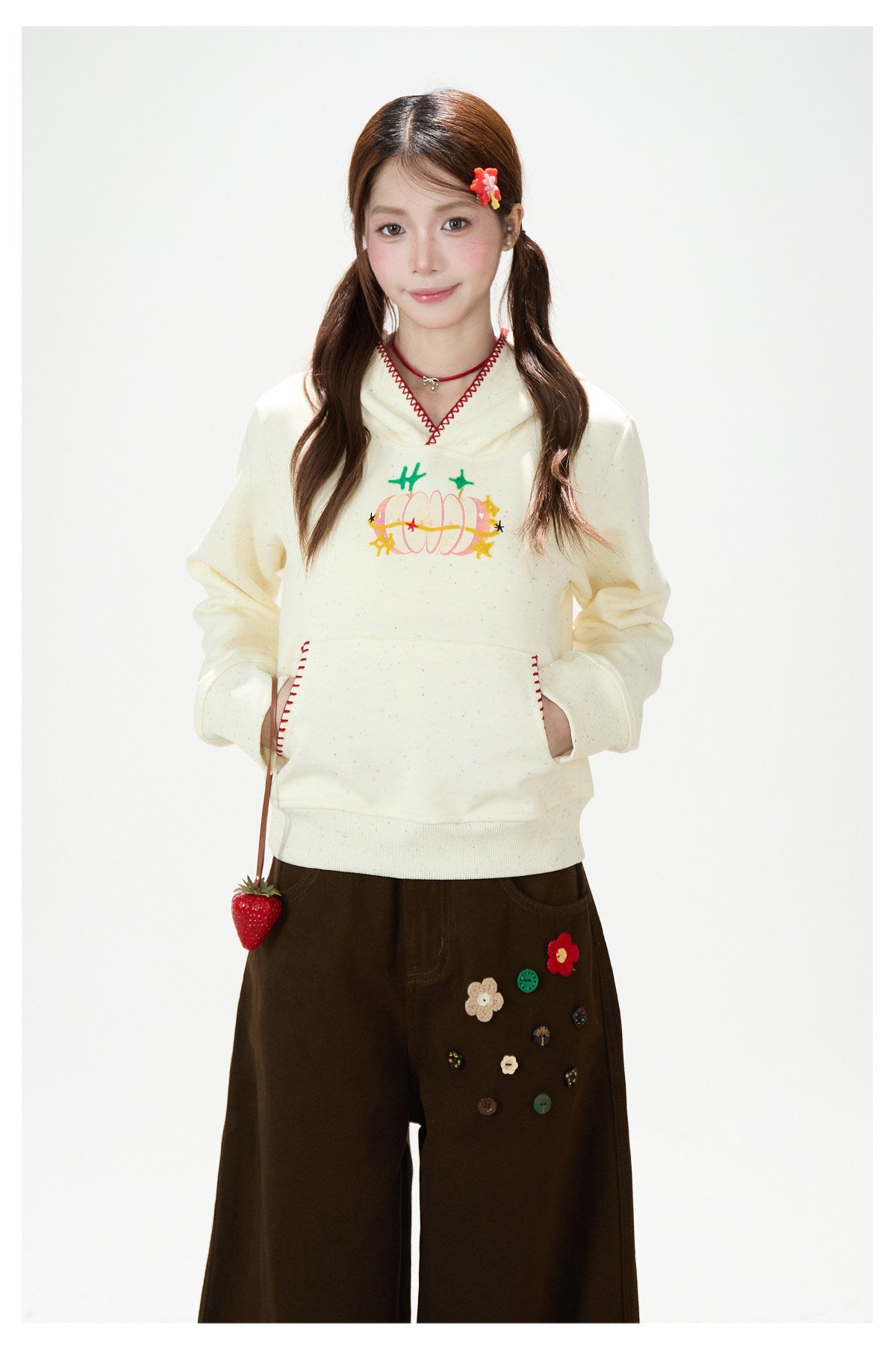 Apple Embroidered Hoodie & Floral Wide-Leg Sweatpants