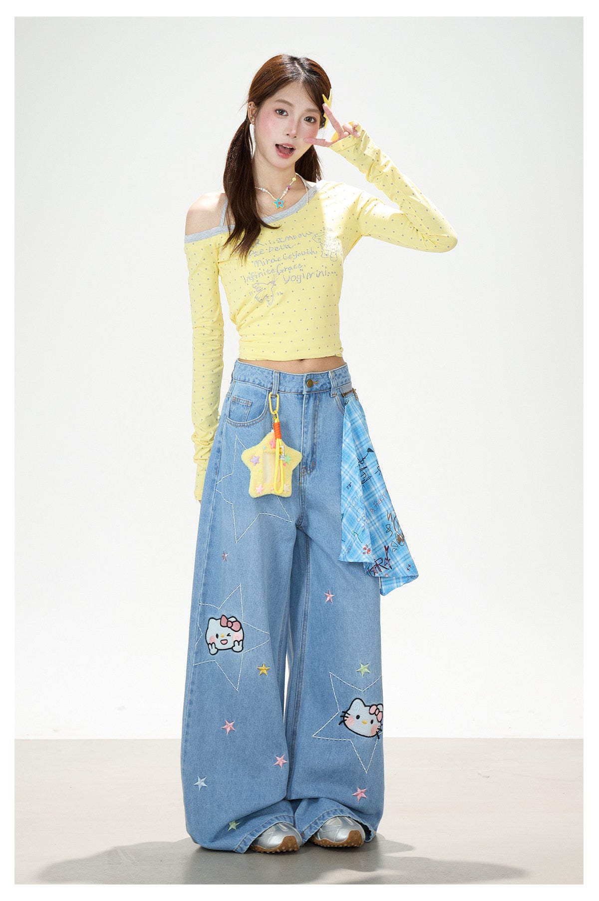 Letter Polka-Dot Off-Shoulder Layered Long Sleeve Top & Cartoon Star Wide-Leg Jeans with Charm