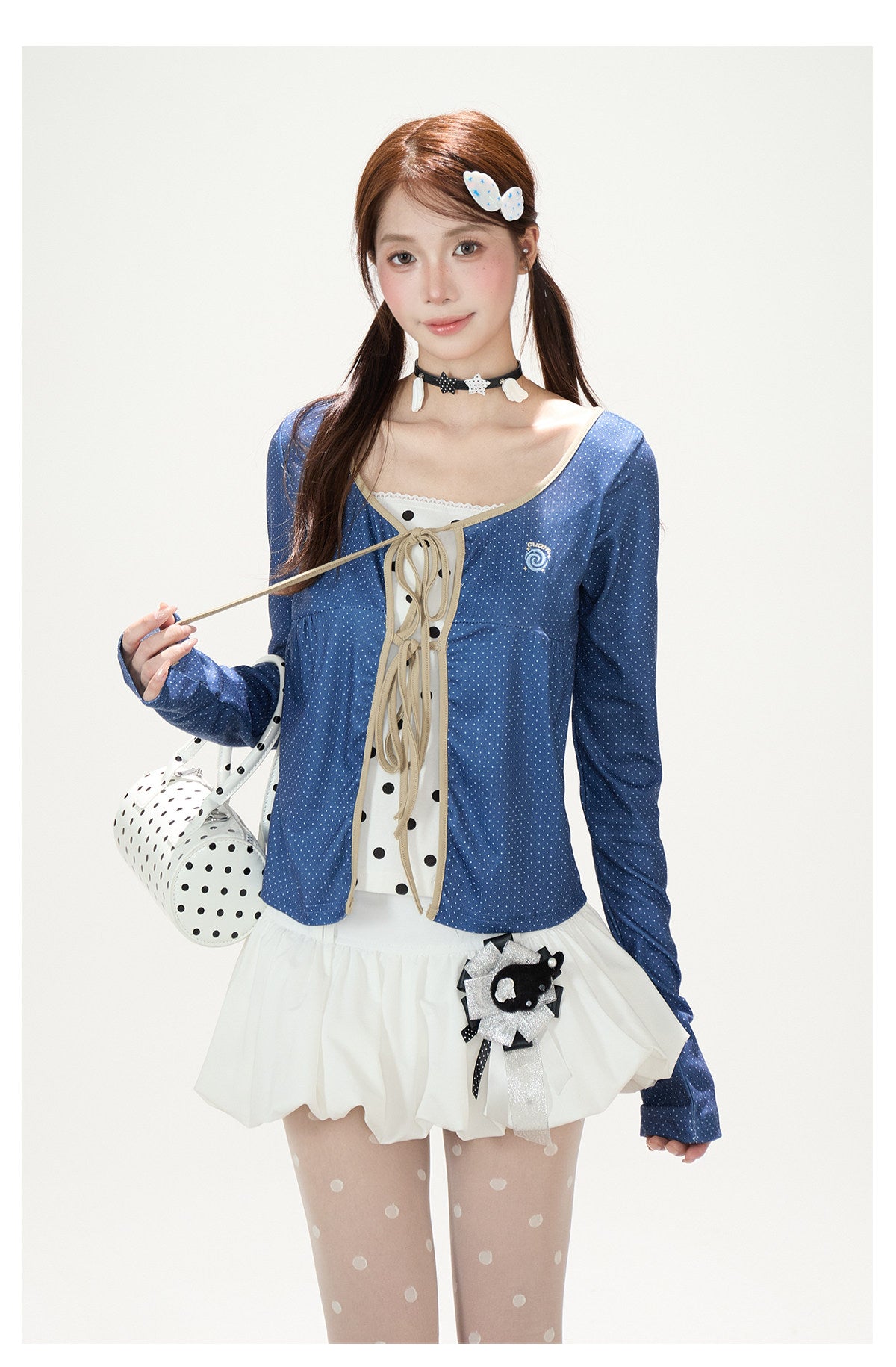Polka-Dot Lace-Up Layered Long Sleeve Top & White Mini Skirt