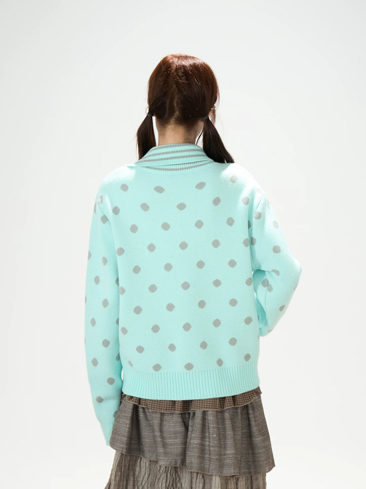 Polka-Dot Asymmetric Knit Cardigan & Tiered Midi Skirt