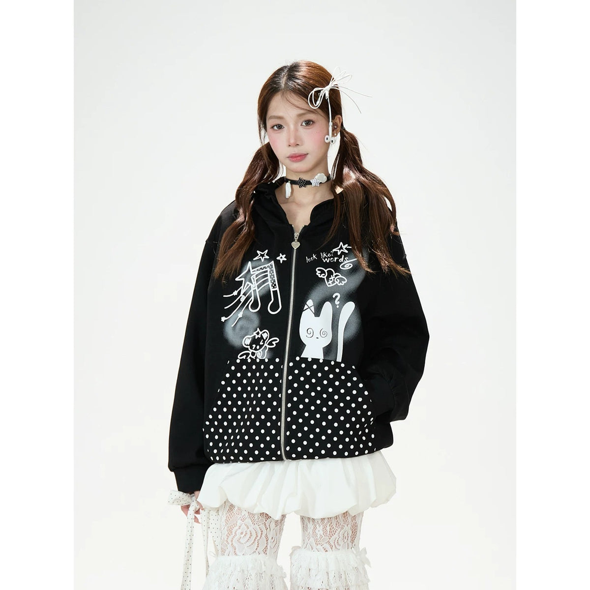 Cartoon Polka-Dot Zip-Up Hoodie & Star Print Shorts