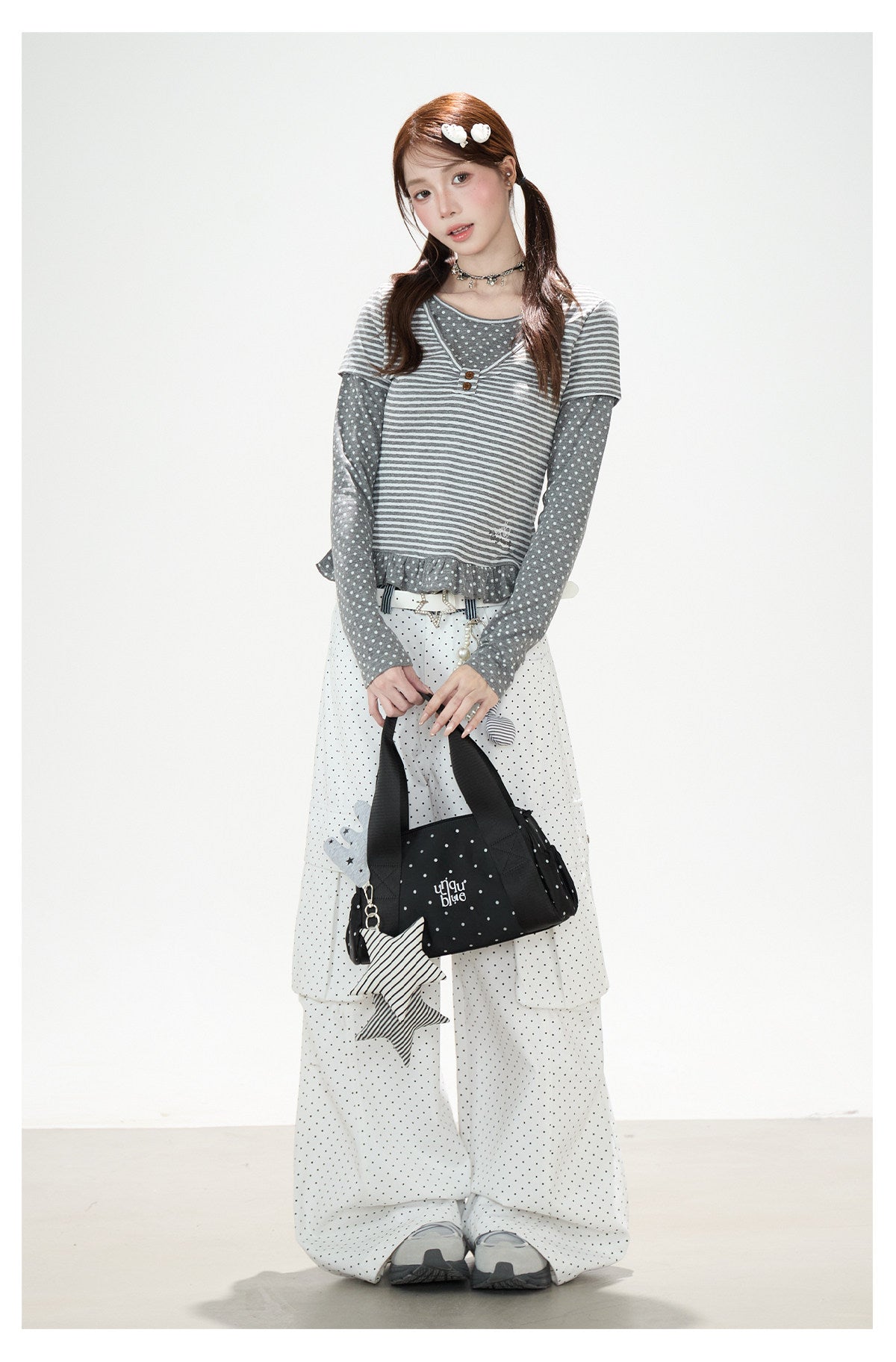Polka-Dot Stripe Layered Long Sleeve Top & Embroidered Khaki Wide-Leg Cargo Pants