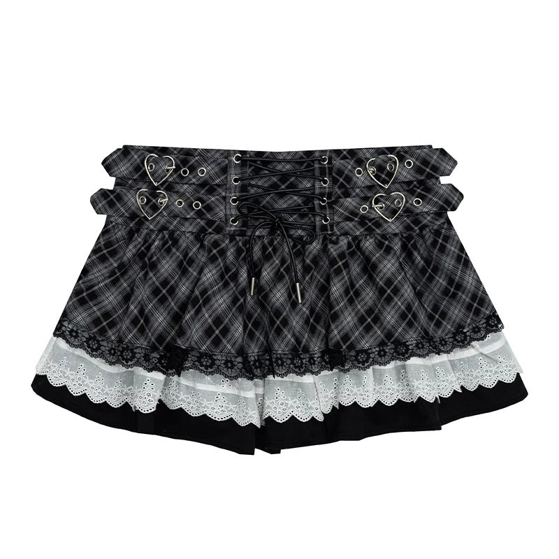Graffiti Cutout Cowl-Neck Long Sleeve Top & Star Plaid Mini Skirt