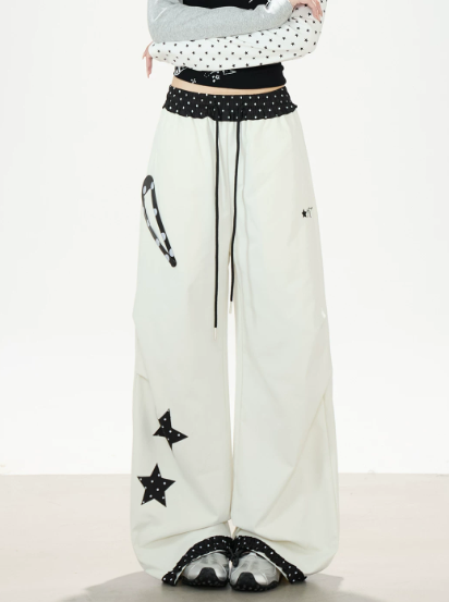 Cartoon Star Off-Shoulder Long Sleeve Top & Star Patch Wide-Leg Pants