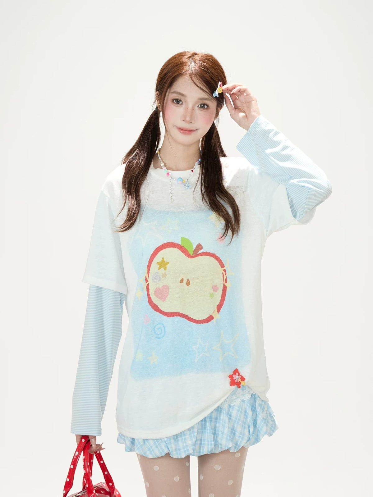 Apple Doodle Layered Long Sleeve Tee & Light Blue Ruffle Mini Skirt