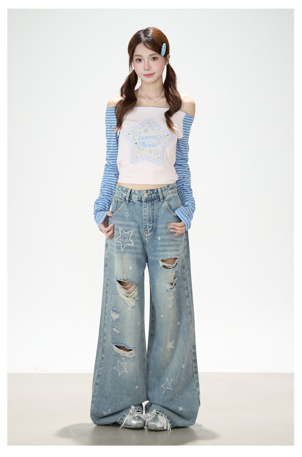 Star Stripe Off-Shoulder Long Sleeve Top & Graphic Star Wide-Leg Pants