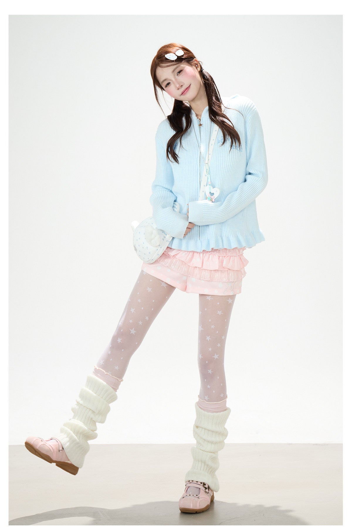 Cat-Ear Hooded Knit Zip Cardigan & Pink Ruffle Shorts