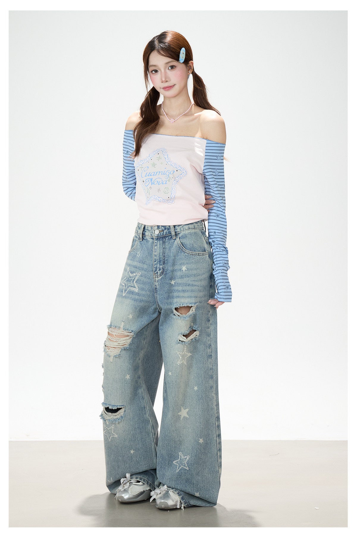 Star Stripe Off-Shoulder Long Sleeve Top & Graphic Star Wide-Leg Pants