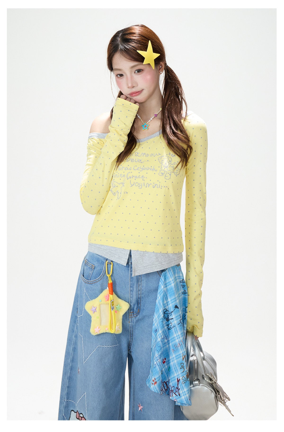 Letter Polka-Dot Off-Shoulder Layered Long Sleeve Top & Cartoon Star Wide-Leg Jeans with Charm