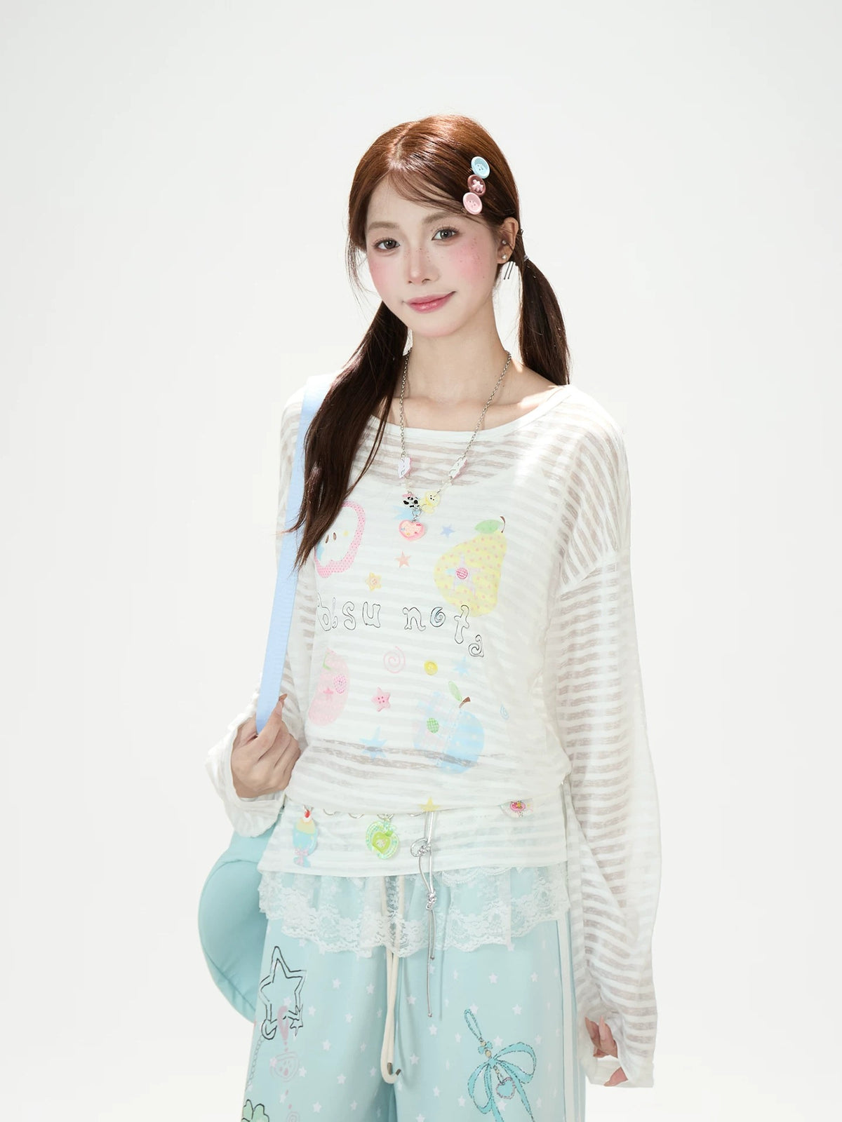 Fruit Doodle Stripe Long Sleeve Top & Polka-Dot Wide-Leg Pants
