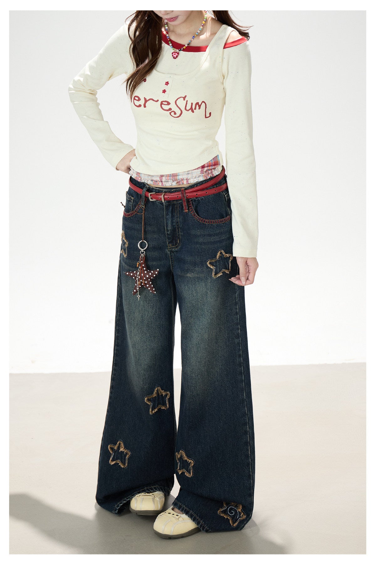 Letter Print Layered Long Sleeve Top & Star Patch Wide-Leg Jeans