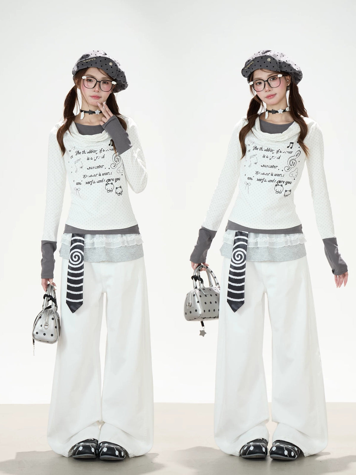 Music Note Cat Polka-Dot Layered Long Sleeve Top & White Wide-Leg Pants