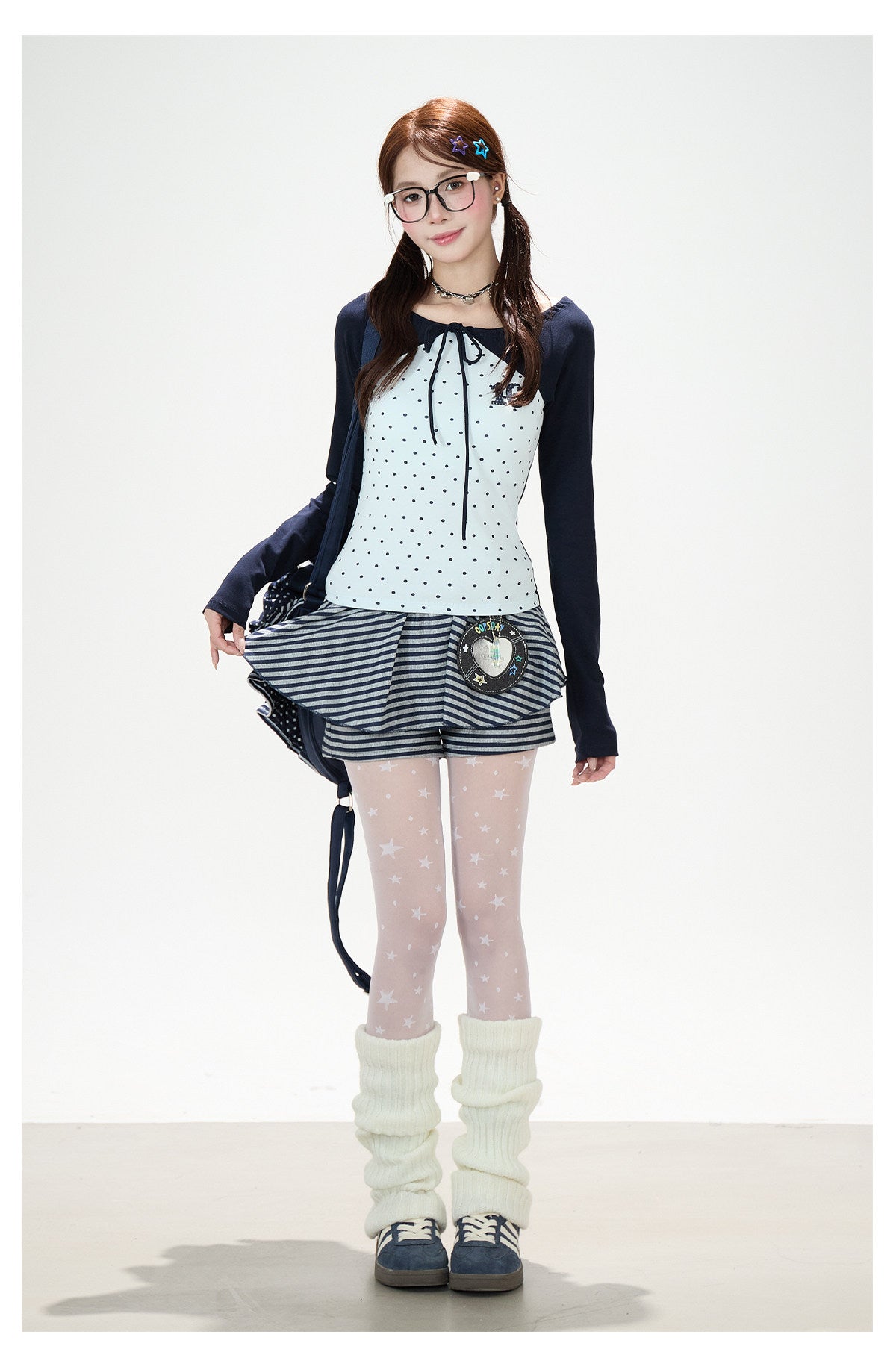 Polka-Dot Tie-Front Off-Shoulder Long Sleeve Top & Royal Blue Stripe Ruffle Mini Skirt