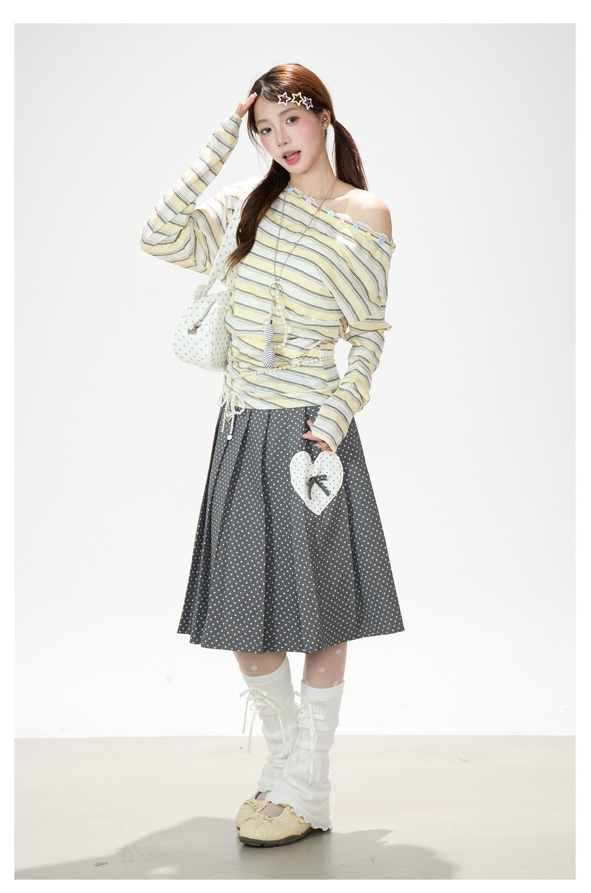 Striped Off-Shoulder Long Sleeve Top & Polka-Dot Midi Skirt