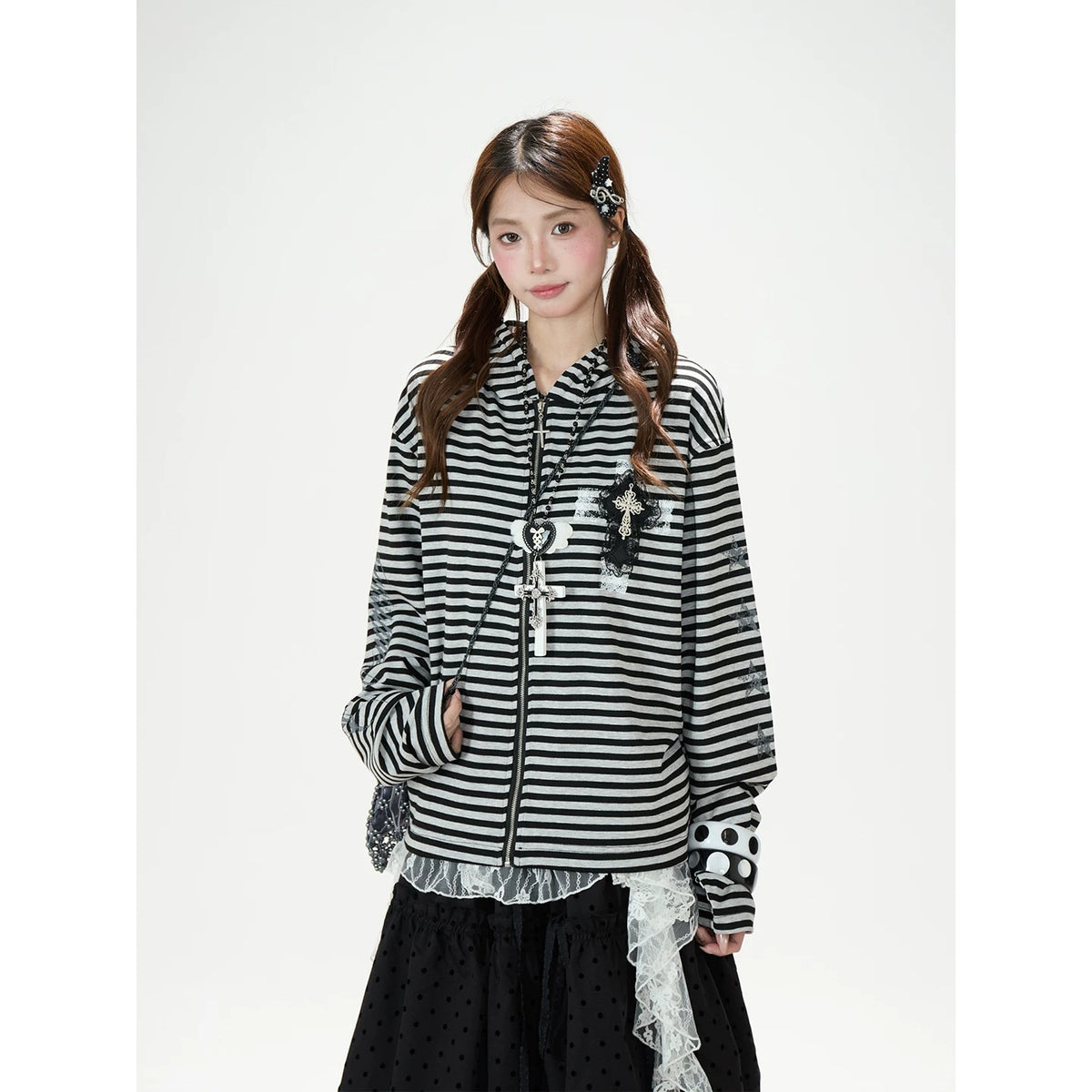 Lace Cross Stripe Zip-Up Hoodie & Black Polka-Dot Ruffle Midi Skirt