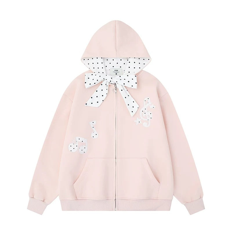 Music Note Polka-Dot Bow Zip-Up Hoodie & Gray Wide-Leg Pants