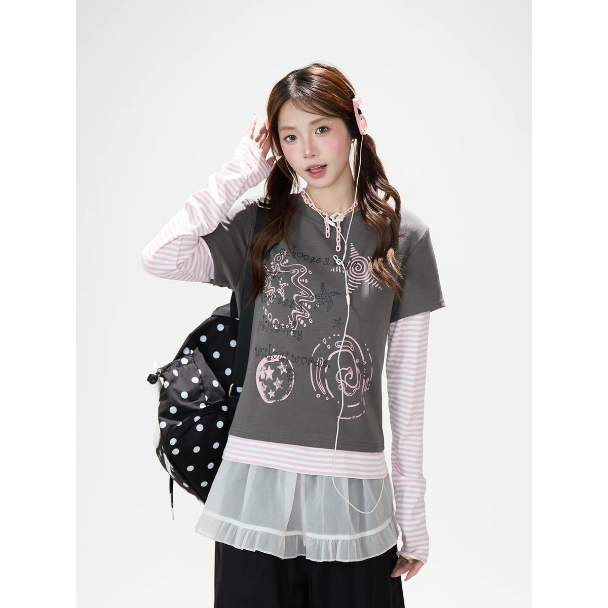 Graffiti Layered Long Sleeve Top & Black Wide-Leg Pants