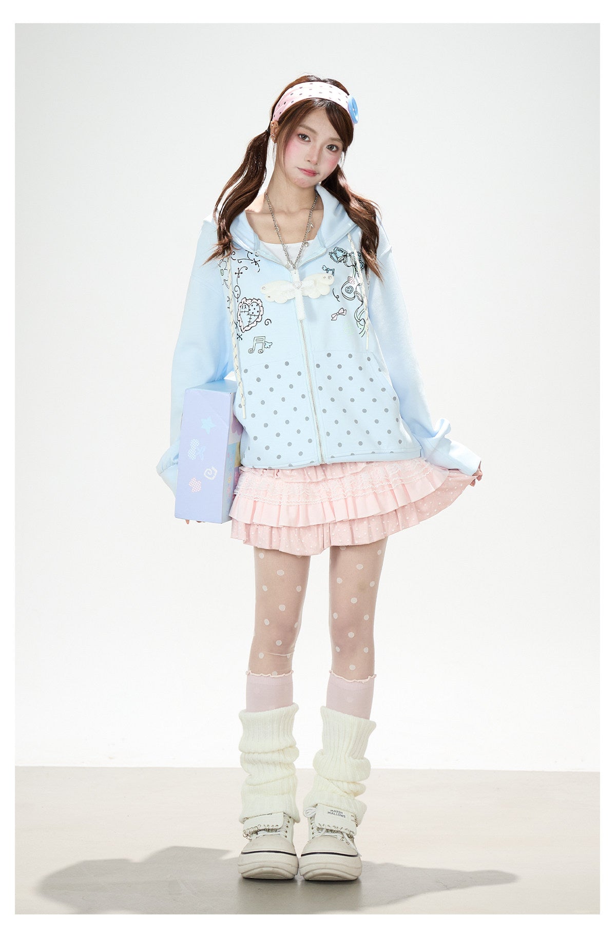Hand-Drawn Polka-Dot Zip-Up Hoodie & Pink Ruffle Mini Skirt