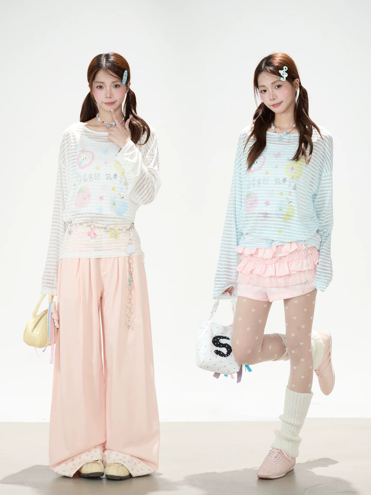 Playful Stripe Graphic Sheer Long Sleeve Top & Pink Wide-Leg Pants