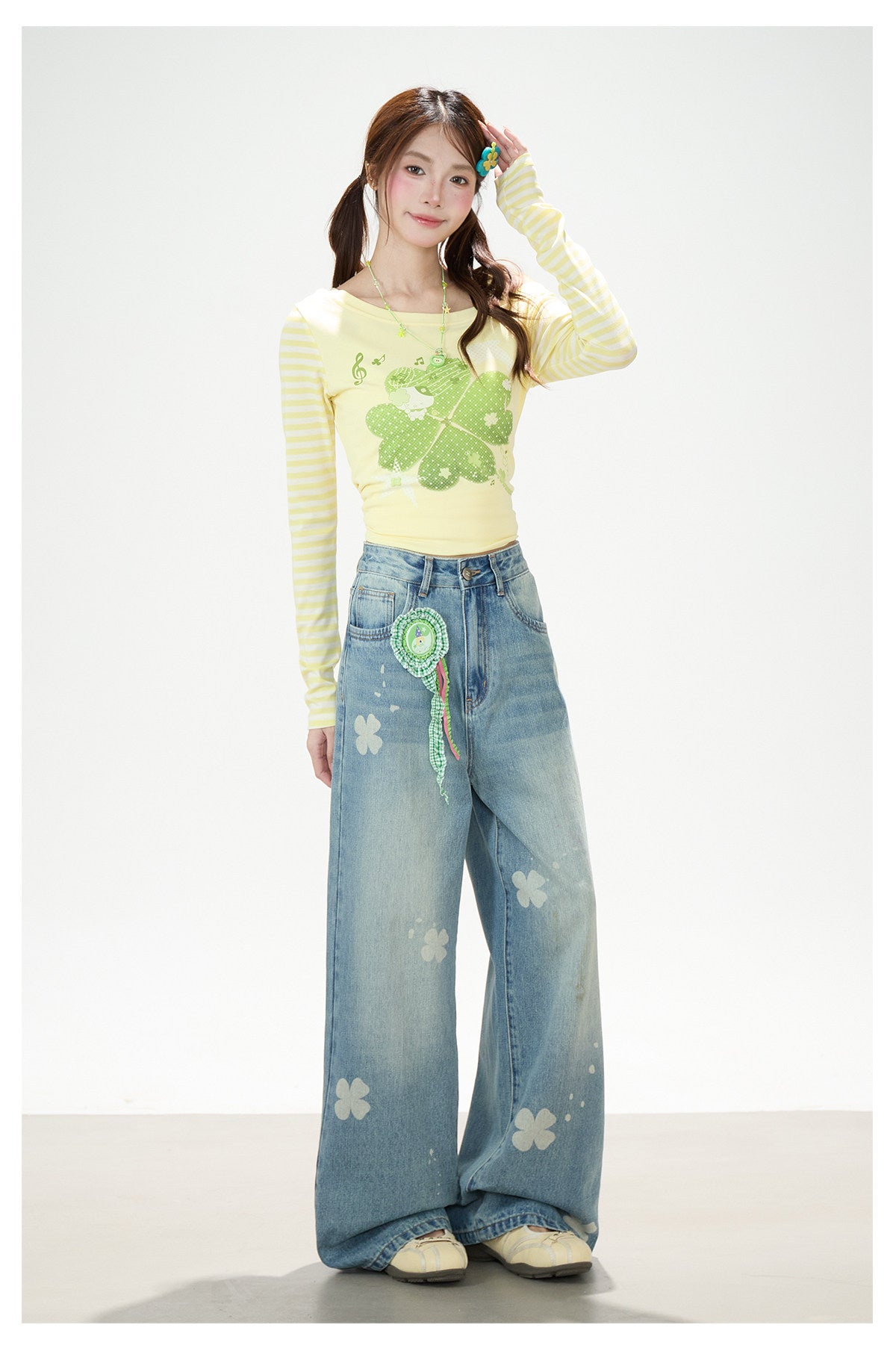 Clover Stripe Off-Shoulder Long Sleeve Top & Star Music Note Wide-Leg Jeans