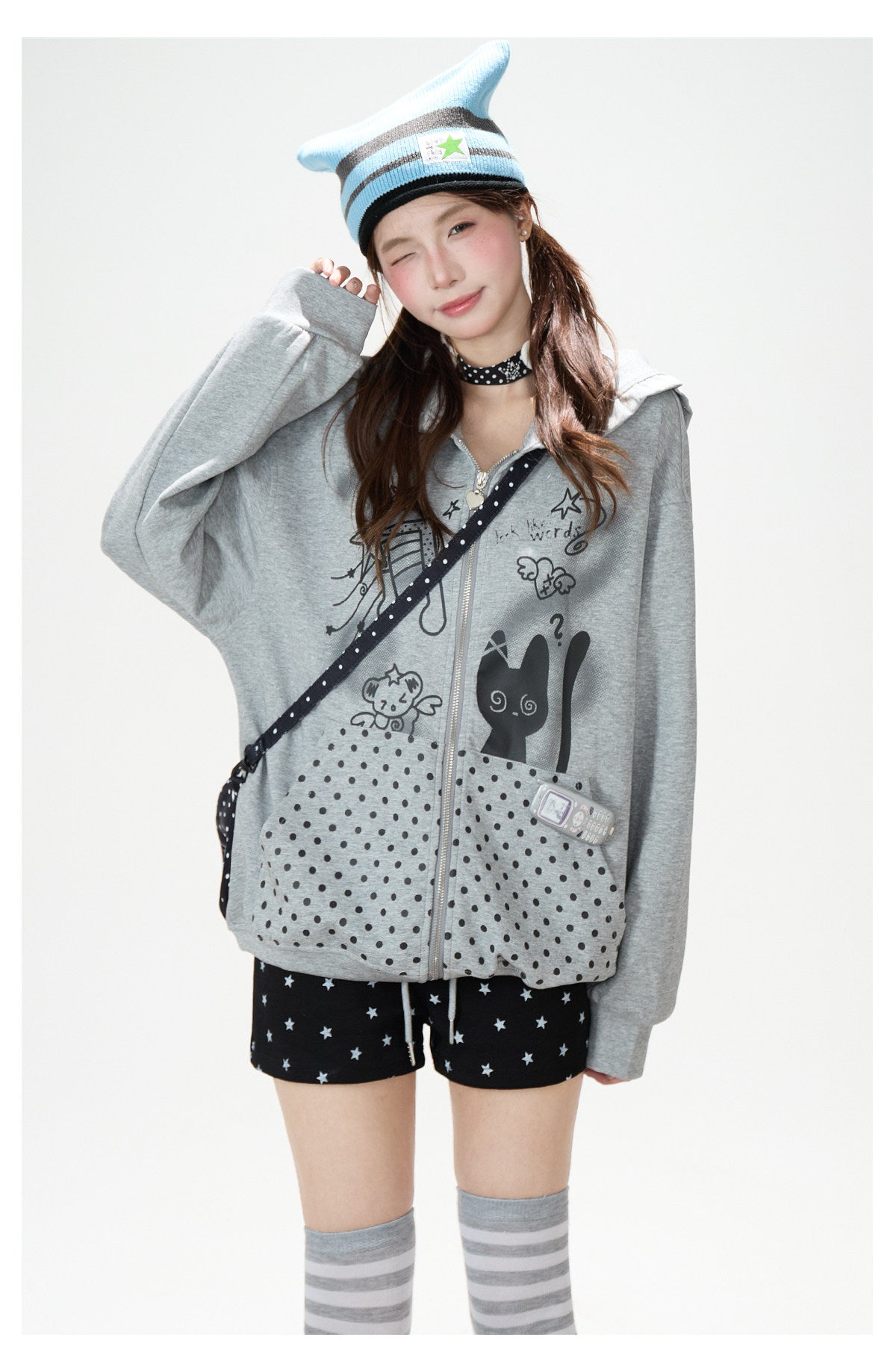 Cartoon Polka-Dot Zip-Up Hoodie & Star Print Shorts