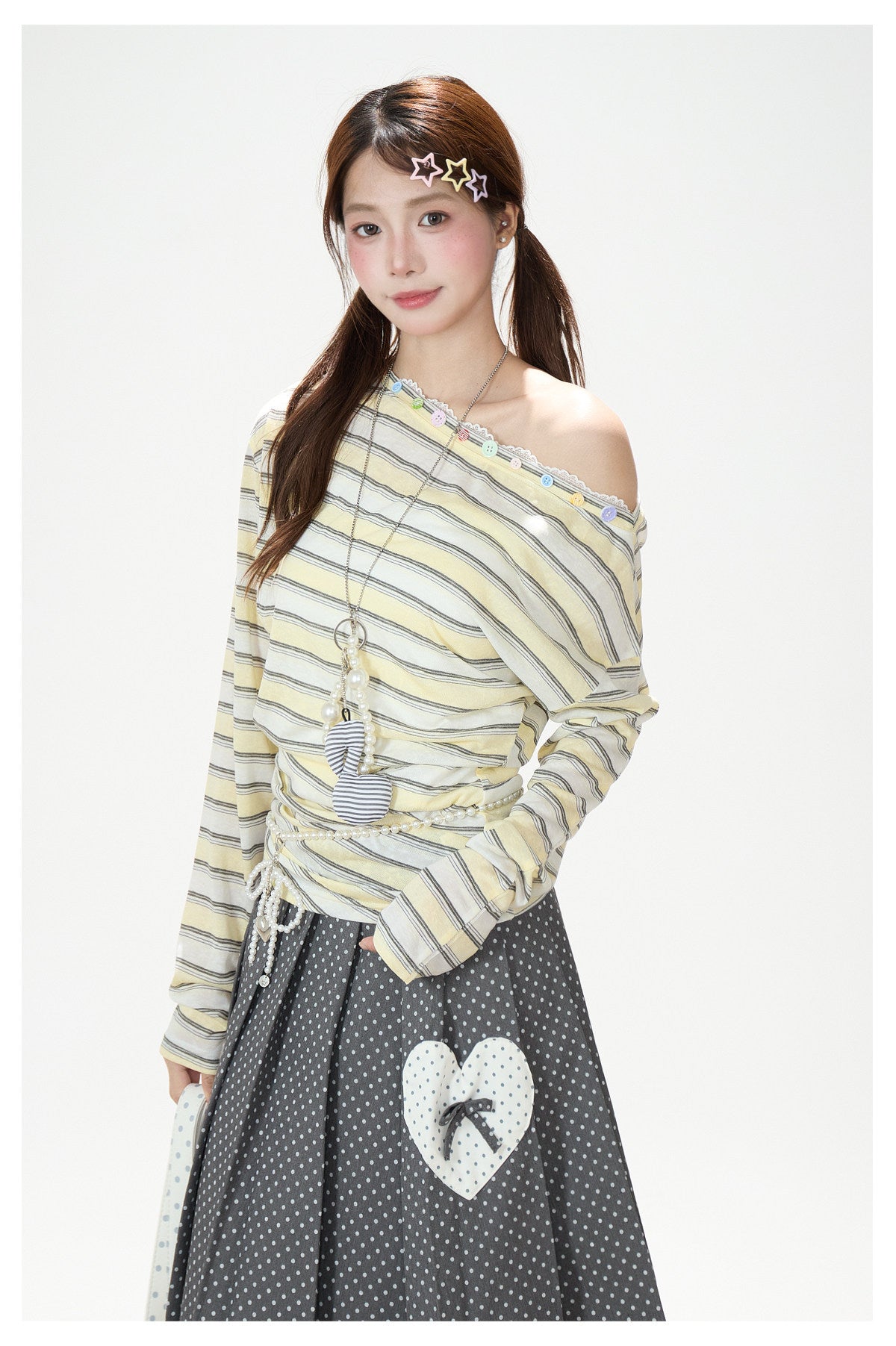 Striped Off-Shoulder Long Sleeve Top & Black Wide-Leg Pants