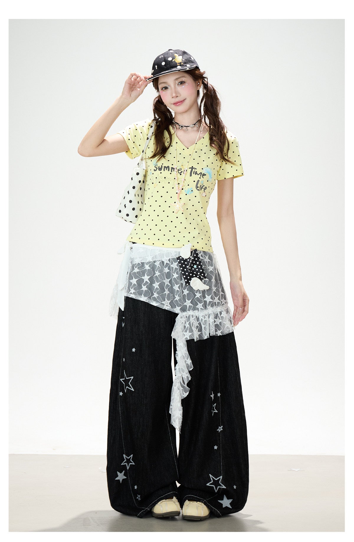 Star Print Lace Layered Wide-Leg Jeans