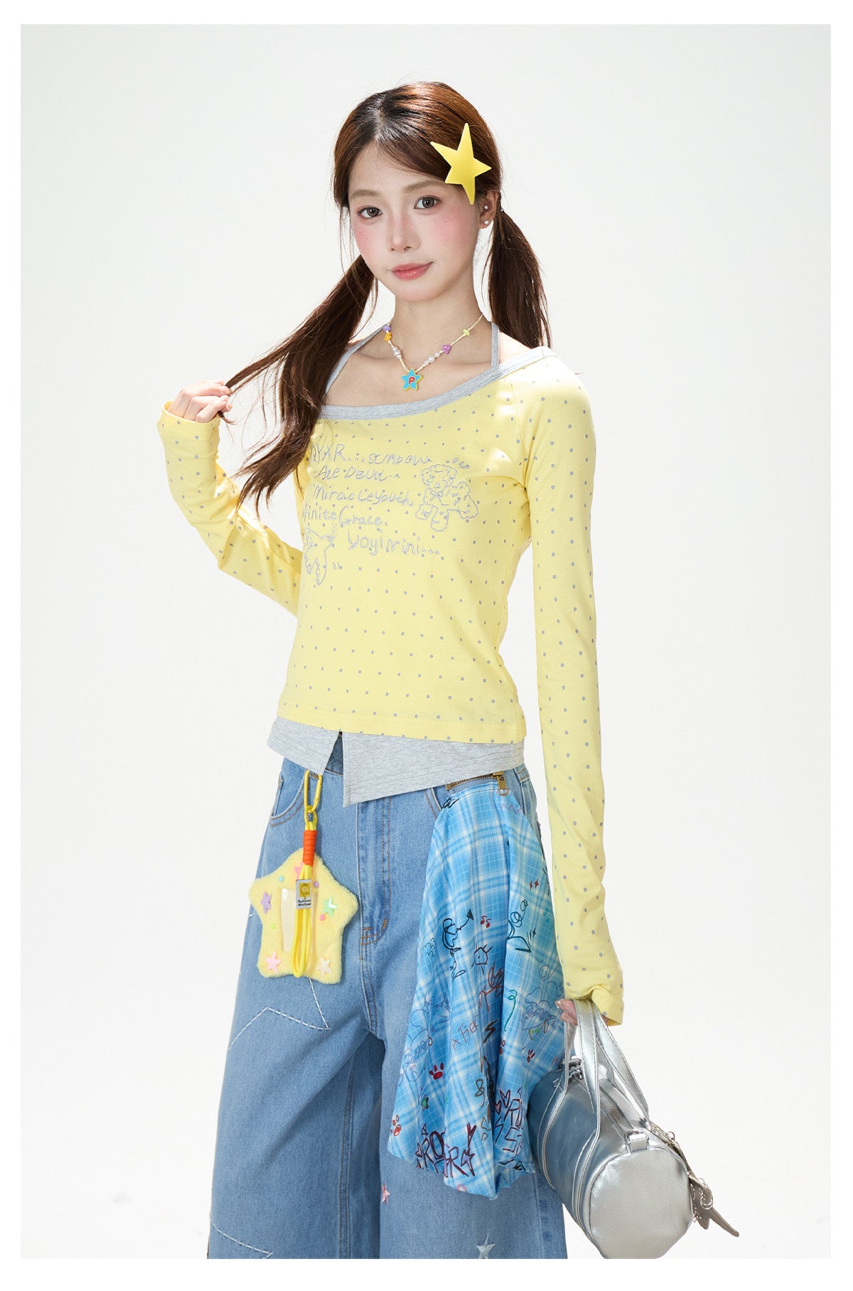 Letter Polka-Dot Off-Shoulder Layered Long Sleeve Top & Cartoon Star Wide-Leg Jeans with Charm
