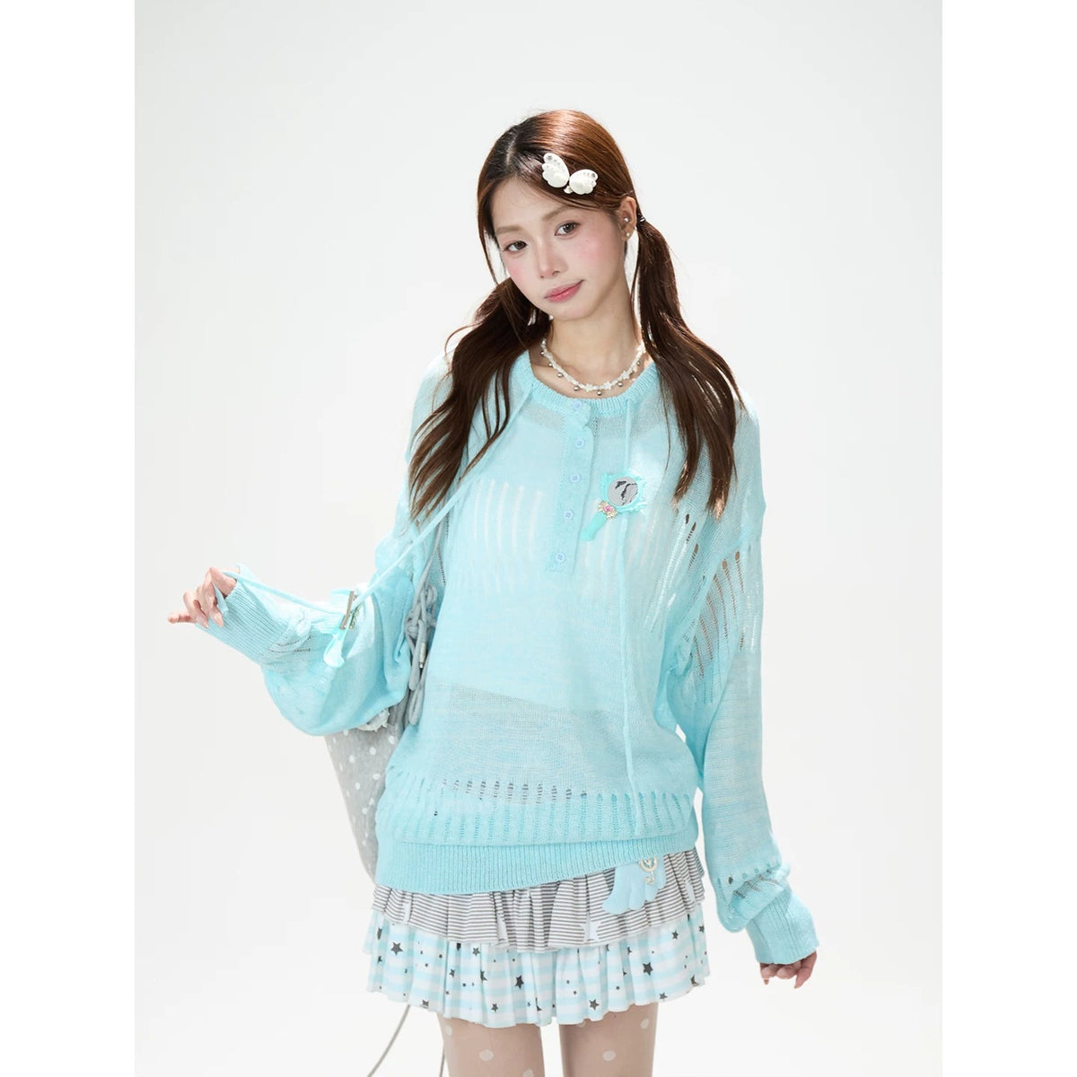 Openwork Knit Long Sleeve Top & Light Blue Layered Ruffle Mini Skirt