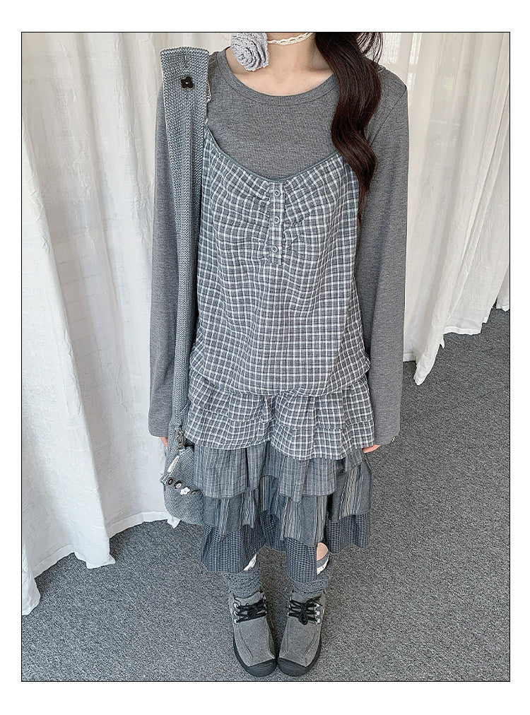 Gray Plaid Cami & Long Sleeve Layered Top Set