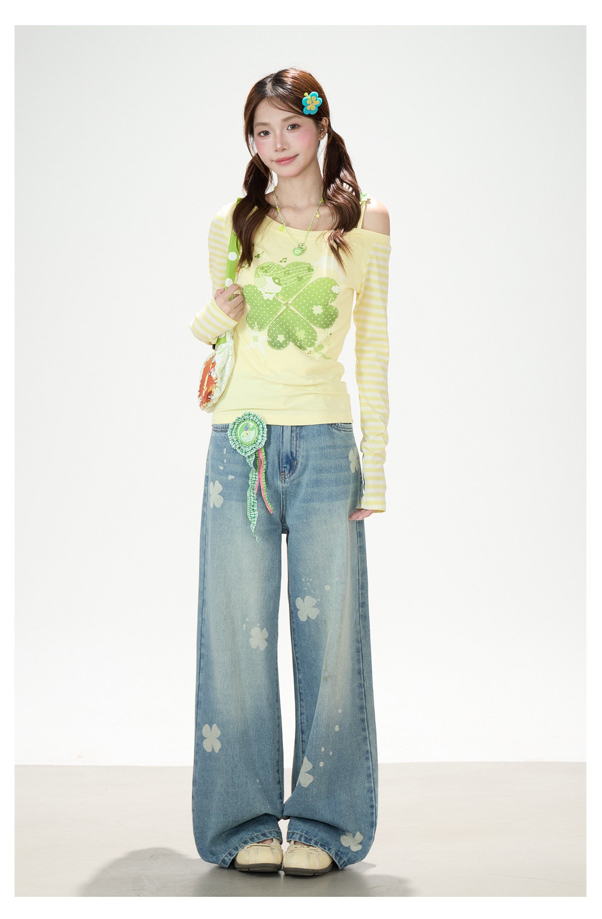 Clover Stripe Off-Shoulder Long Sleeve Top & Star Music Note Wide-Leg Jeans