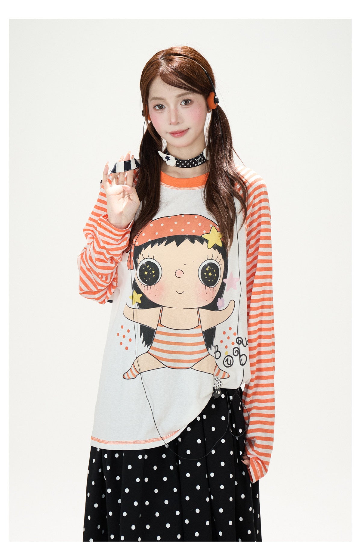 Cartoon Girl Stripe Raglan Long Sleeve Top & Black Polka-Dot Ruffle Skirt