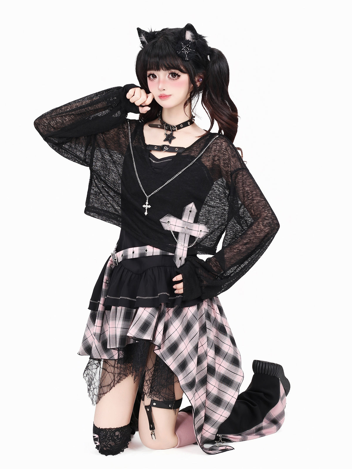 Lost Island Plaid Layered Dress, Sheer Shrug & Star Leg Warmers