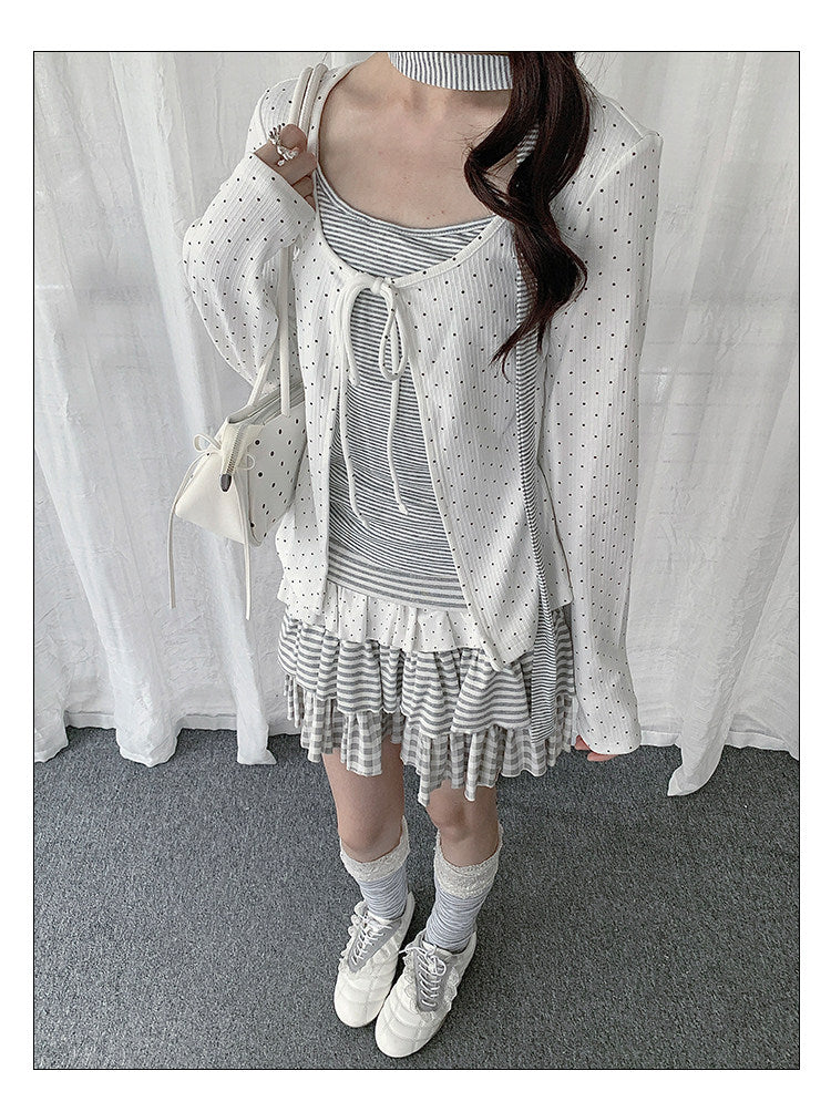 Polka Dot Tie Cardigan & Striped Cami Set