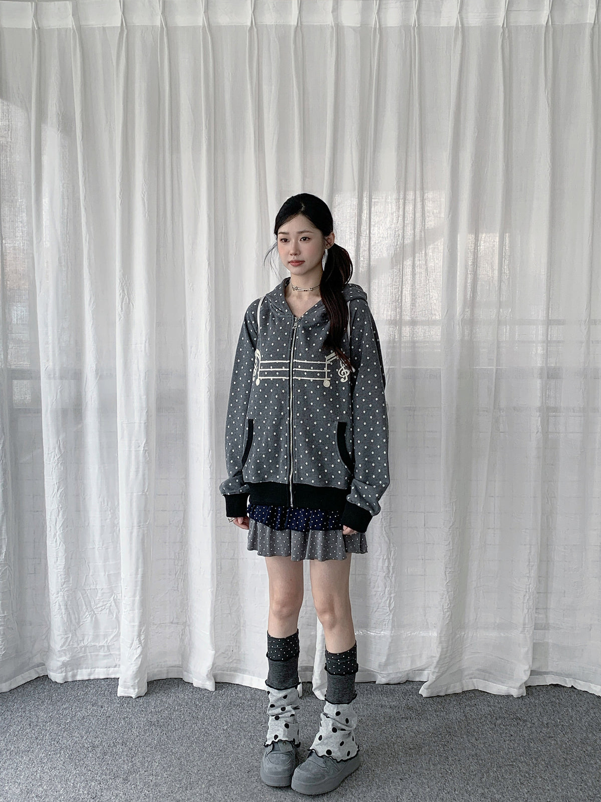 Polka Dot Music-Note Embroidered Zip Hoodie