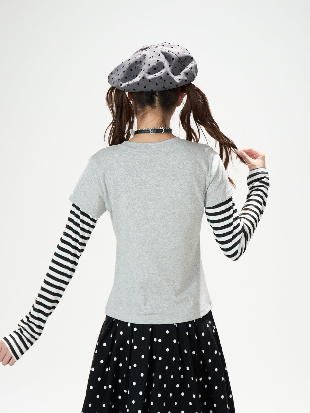 Striped Faux-Layered Graphic Long Sleeve Top & Polka Dot Pleated Mini Skirt