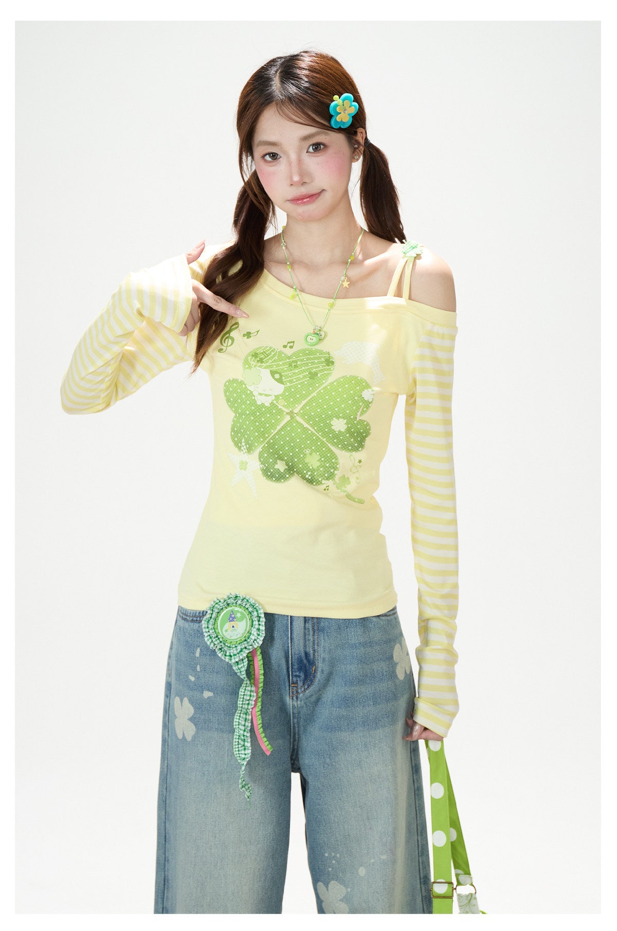Clover Stripe Off-Shoulder Long Sleeve Top & Star Music Note Wide-Leg Jeans
