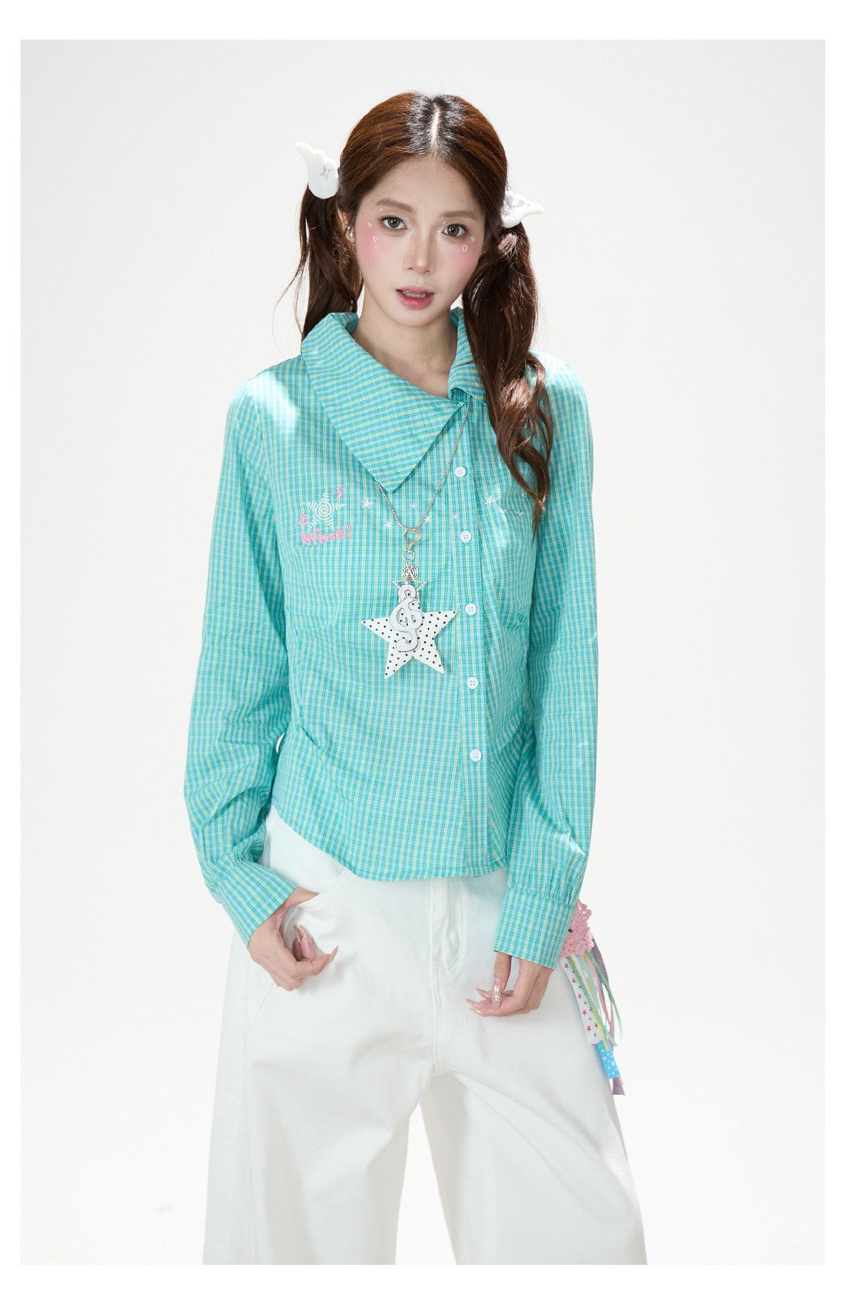 Green Check Fitted Shirt & White Wide-Leg Pants