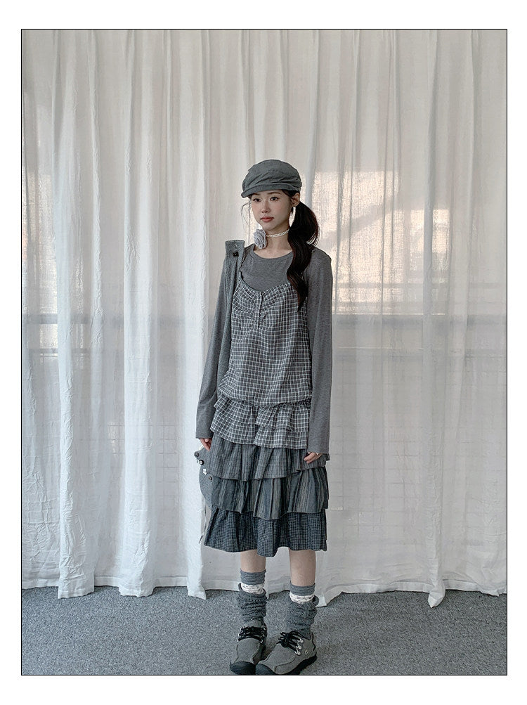 Gray Plaid Cami & Long Sleeve Layered Top Set