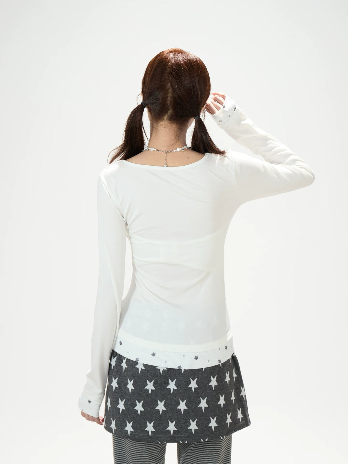 Star Bow-Tie Long Sleeve Top & Star Skirt-Layer Stripe Flared Pants