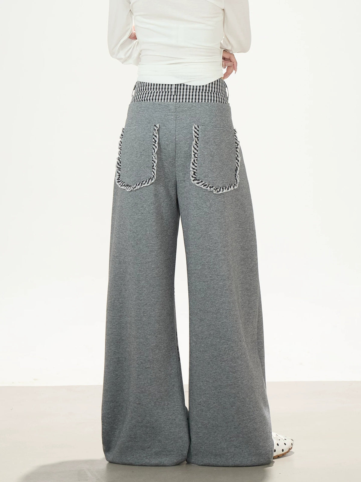 Plaid Tie-Panel Wide-Leg Sweatpants