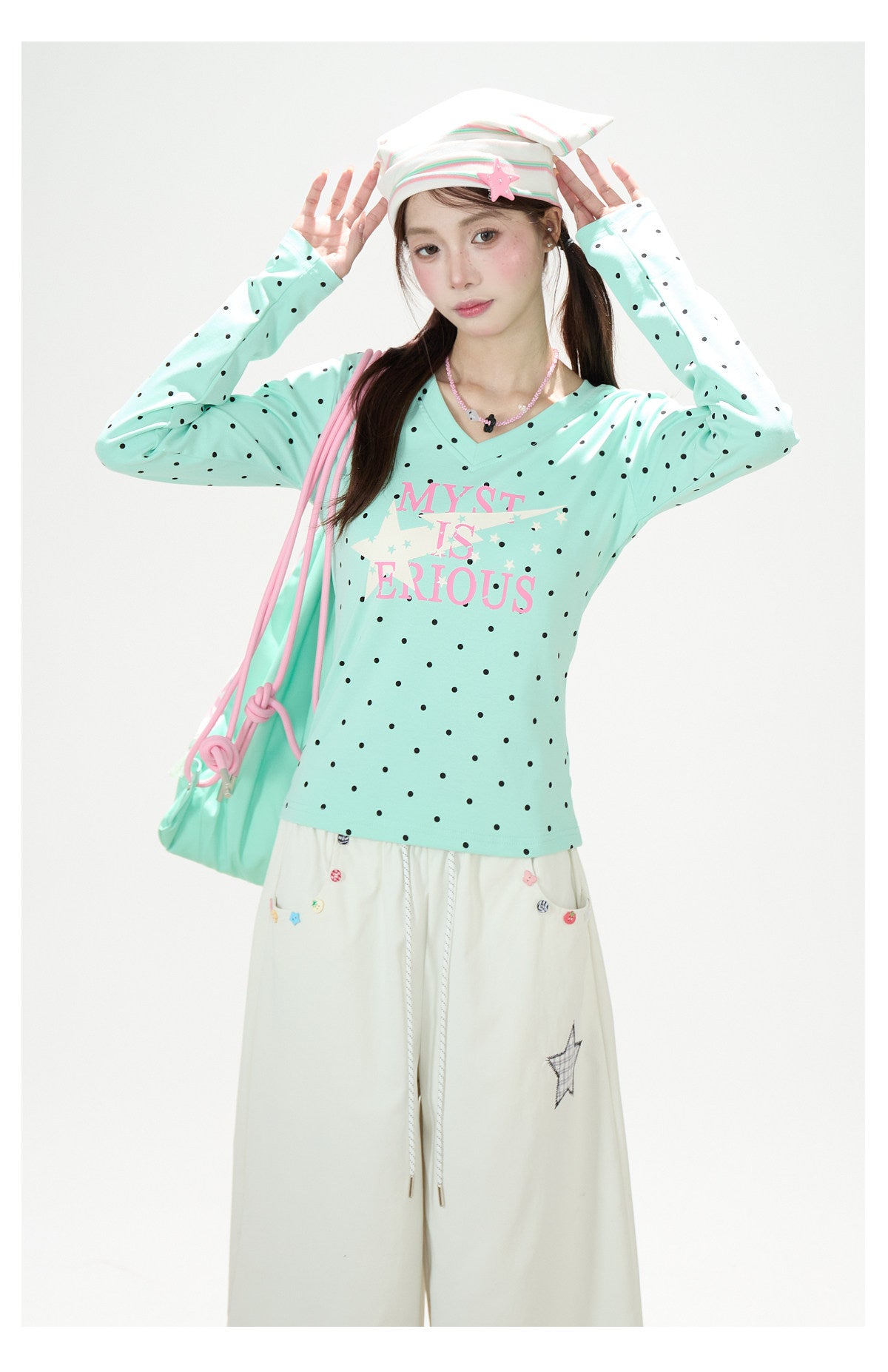 Polka-Dot V-Neck Long Sleeve Top & Star Music Note Wide-Leg Pants