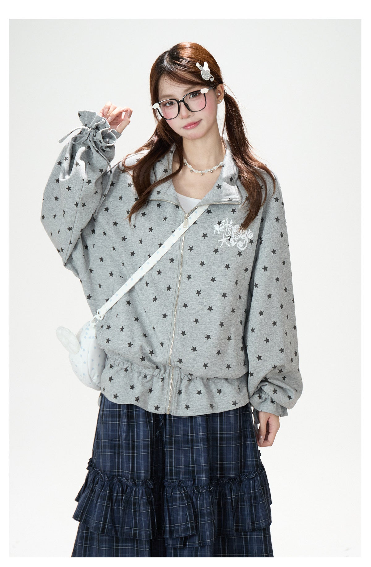 Allover Star Zip-Up Sweatshirt Jacket & Blue Plaid Tiered Midi Skirt
