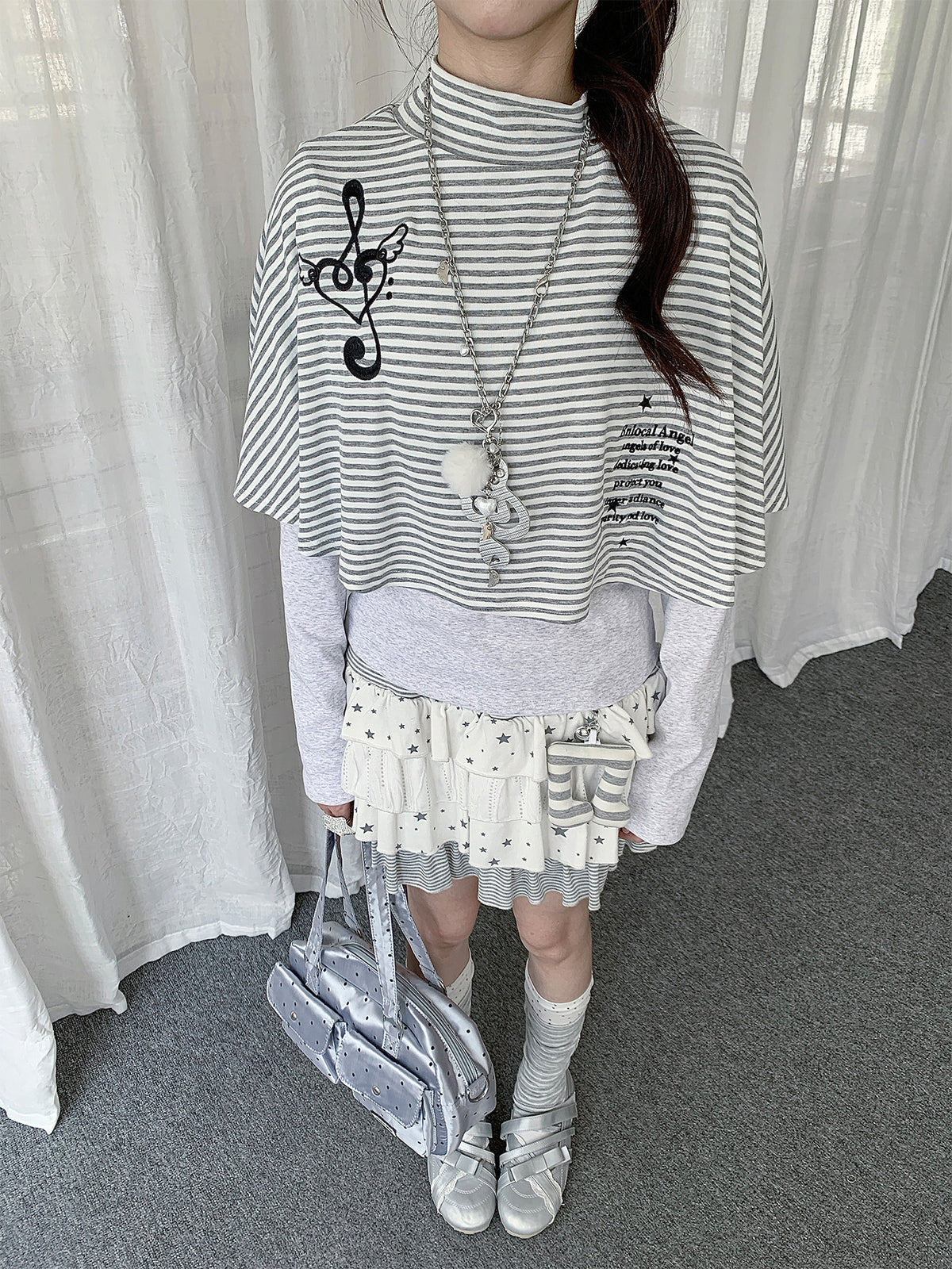 Music Note Striped Cape-Layered Long Sleeve Top