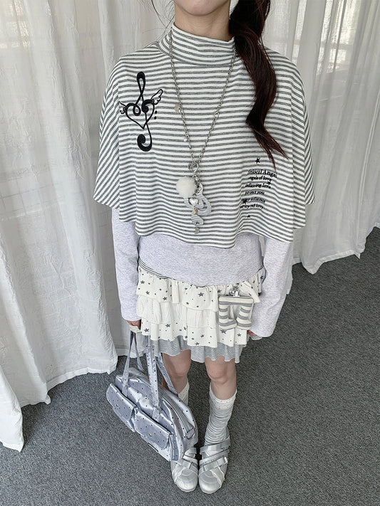 Music Note Striped Cape-Layered Long Sleeve Top