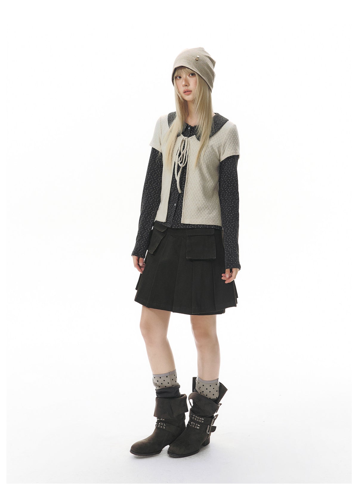 Doll-Collar Long Sleeve & Tie-Front Cardigan Set