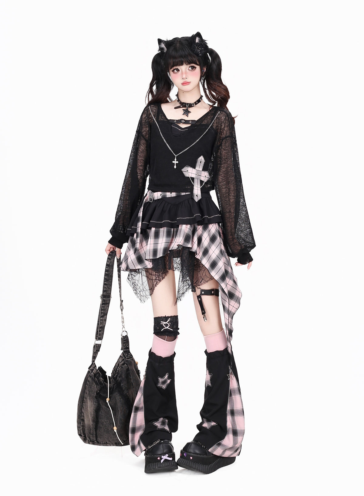 Lost Island Plaid Layered Dress, Sheer Shrug & Star Leg Warmers