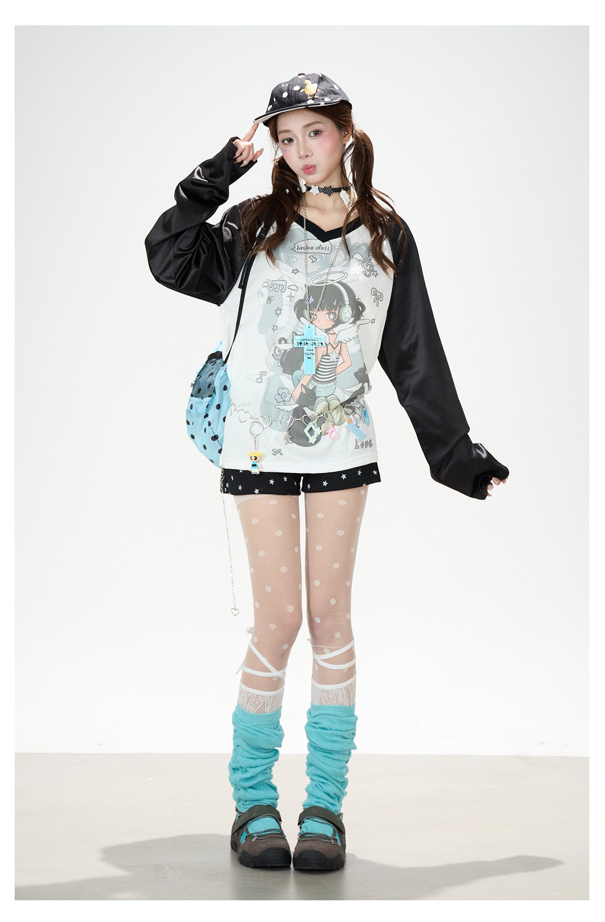 Cartoon Angel Raglan Long Sleeve Top & Black Star Drawstring Shorts
