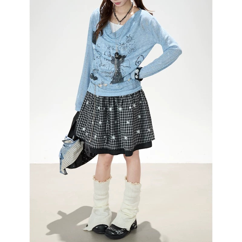 Cartoon Graffiti Cowl-Neck Long Sleeve Top & Black Plaid Lace Mini Skirt