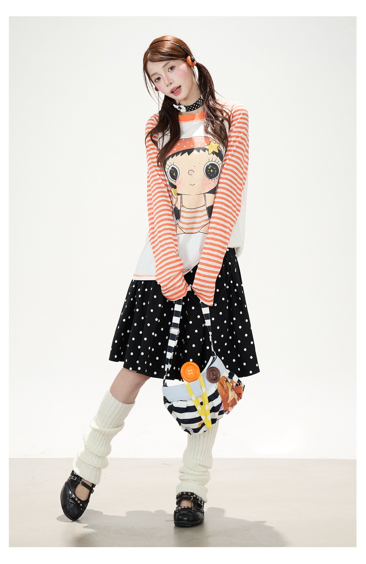 Cartoon Girl Stripe Raglan Long Sleeve Top & Black Polka-Dot Ruffle Skirt